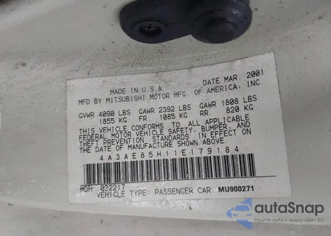 2001 Mitsubishi Eclipse Gt из США, поврежденный, VIN 4A3AE85H11E179184